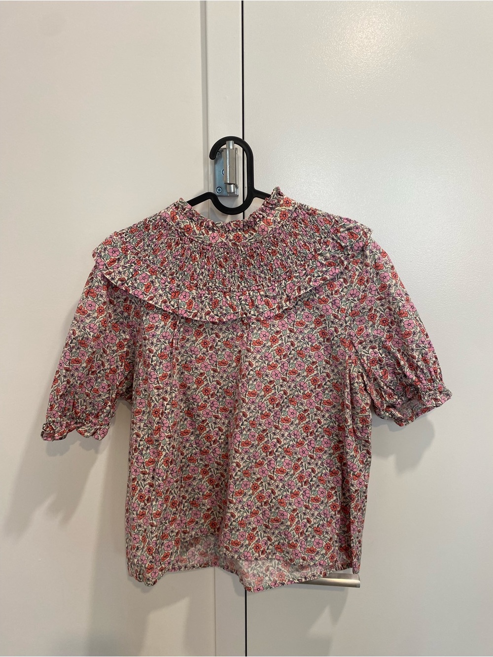 Floral Smocked Ruffle Neck Blouse - Pink